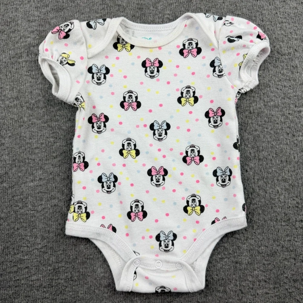 Disney Baby Minnie Mouse Polka Dot‎ Bodysuit 6/9M White Short Sleeve